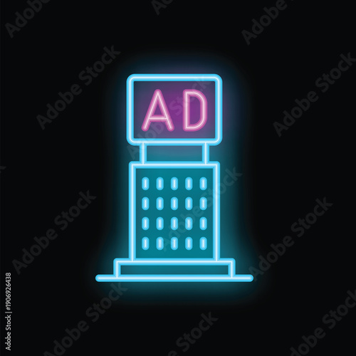Glowing neon sign depicting a billboard with the text ad on the roof of a building