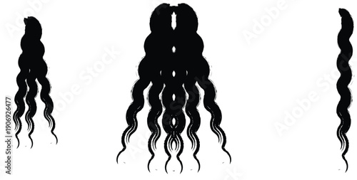 Collection of abstract black wavy silhouettes resembling curly hair strands or octopus tentacles isolated on white background