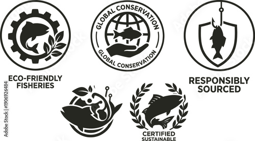 Sustainable seafood certification icons for eco friendly products