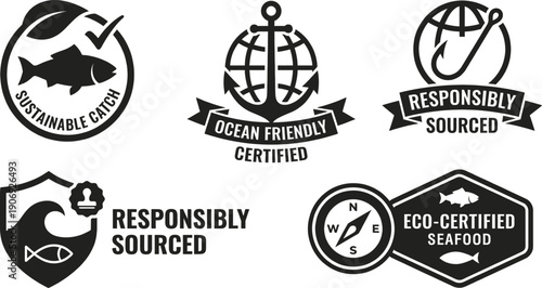 Sustainable seafood certification icons for eco friendly products