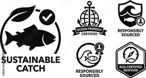 Sustainable seafood certification icons for eco friendly products