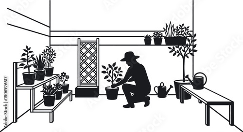 Urban garden balcony layout with potted plants vector illustration