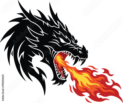 Fierce fire-breathing black dragon head emblem with sharp teeth and blazing inferno