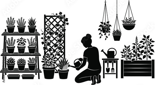 Urban garden balcony layout with potted plants vector illustration