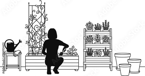 Urban garden balcony layout with potted plants vector illustration
