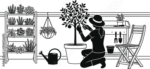 Urban garden balcony layout with potted plants vector illustration