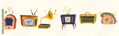 Collection of retro mid-century modern home electronics and appliances vector set