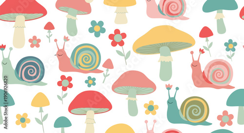 Cute snail and mushroom seamless pattern vector clipart for kids, nursery, and spring designs