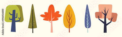 Set of diverse autumn trees, seasonal fall foliage, natural outdoor elements for landscape design, forest