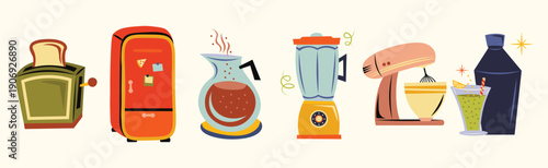 Retro kitchen appliances and drink mixer vector set in mid-century modern style