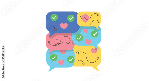 Colorful chat bubbles with hearts and checkmarks, vector illustration for social media or messaging app, isolated on transparent background, png