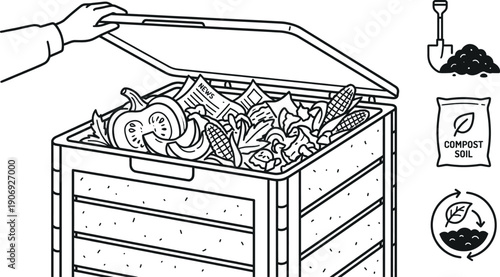 Compost bin with organic kitchen waste recycling illustration