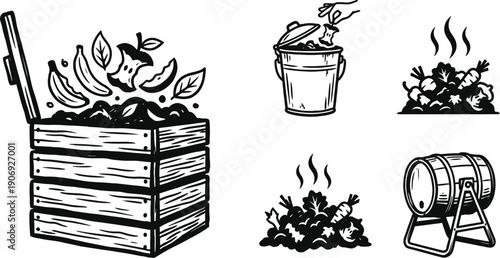 Compost bin with organic kitchen waste recycling illustration