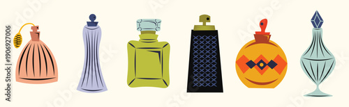 Set of vintage perfume bottles, retro cosmetic containers for beauty product advertisement, old fashion style