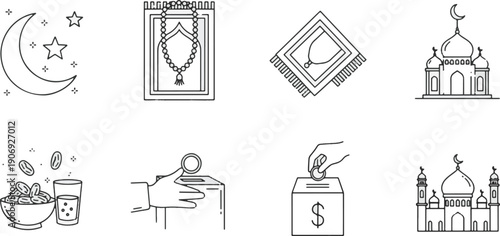 Aesthetic Ramadhan Kareem Themed Line Art Icons Depicting Faith, Charity, and Cultural Observances for Spiritual Reflection