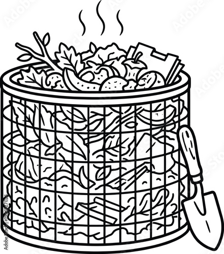 Compost bin with organic kitchen waste recycling illustration