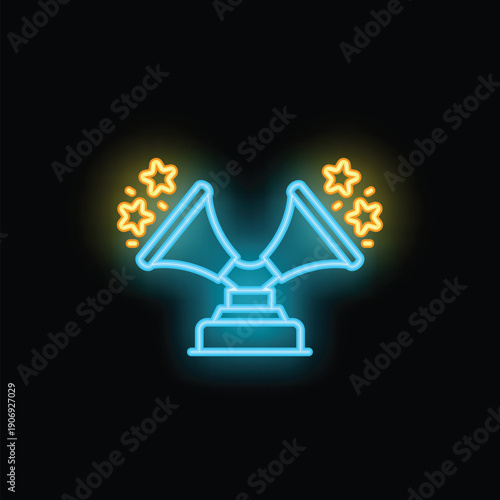 Neon sign of blue fanfare trumpets with yellow stars on a black background