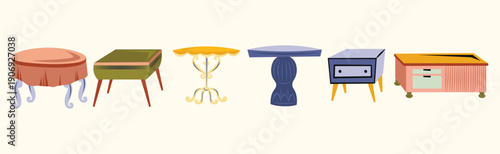 Set of mid-century modern tables, vintage furniture, retro interior design, atomic age home decor elements