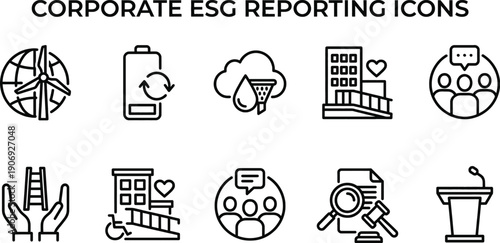 ESG reporting icons set for corporate sustainability and governance