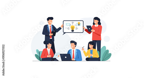 Diverse team collaborating on innovative business ideas with laptops