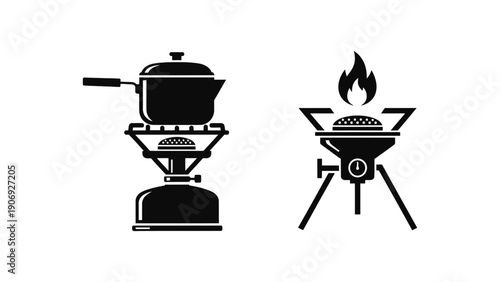 Grill vector icons including portable stove and barbecue with flame