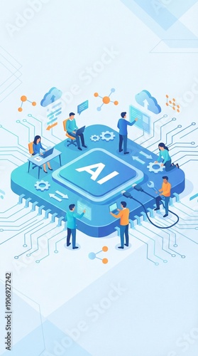 Artificial Intelligence Chip Development Team Working on Smart Software Systems, Programming and Machine Learning Workflow, Innovation Technology Concept, Business Flat Illustration, Vertical bg