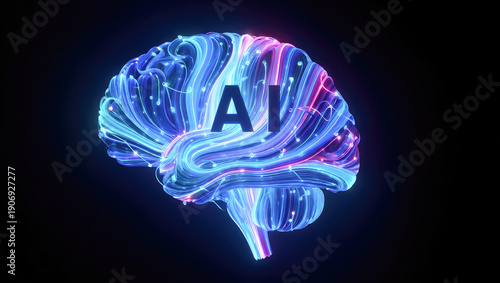 Neon AI brain, glowing neural network, digital illustration, futuristic design, technology concept, artificial intelligence in modern computing, educational resources
