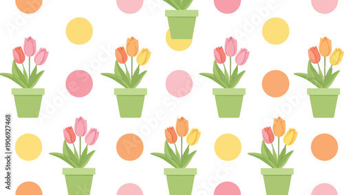 Spring tulip flower pot seamless pattern vector clipart with pastel polka dots background