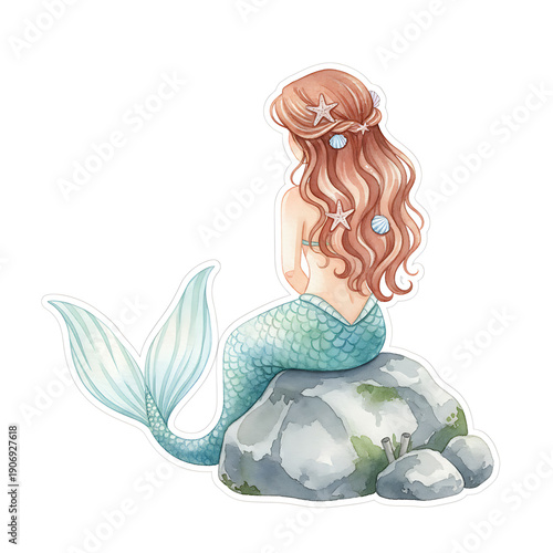 Whimsical watercolor of a beautiful mermaid with flowing auburn hair gracefully seated on a mossy rock.