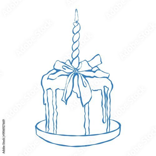Easter cake with a candle and a bow on a white background. Festive treat. Easter decor. Vector outline illustration of an Easter cake. Clipart for spring holiday baking.