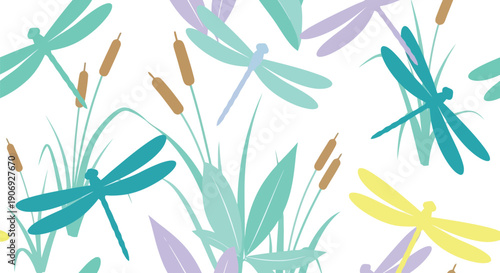 Dragonfly seamless pattern vector clipart with reeds and pastel colors for spring backgrounds