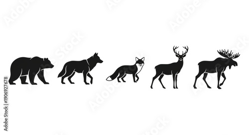 Collection of Wild Animal Silhouettes on White Background.