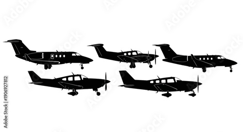 Five different types of small aircraft in silhouette.