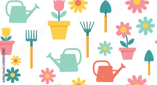 Spring gardening tools and flowers seamless pattern vector clipart in pastel colors