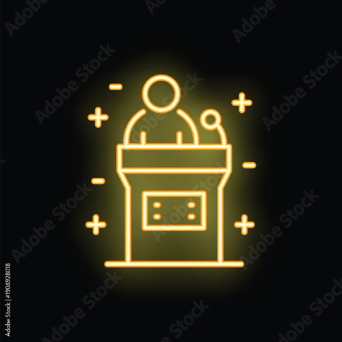 Yellow glowing neon icon of a speaker giving a public speech at a tribune with microphone