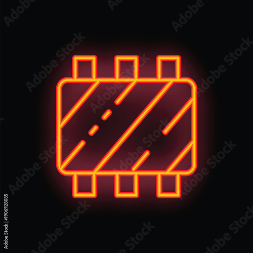 Glowing neon icon of a wooden roadblock with diagonal stripes illuminated in red and orange on a black background