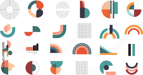 Abstract Geometric Shapes Illustration with Modern Minimal Forms, Colorful Circular Elements, Bauhaus Inspired Composition, Creative Symbols, and Contemporary Graphic Vector Design