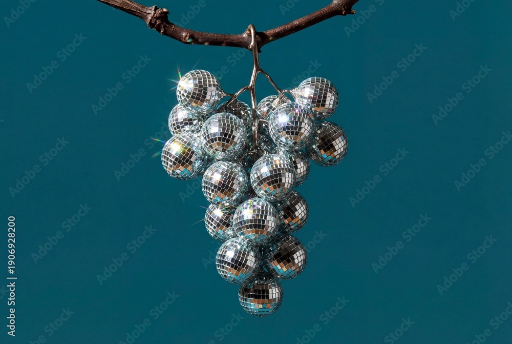 Fototapeta premium Creative food art of a grape bunch with mirror disco ball grapes on teal background