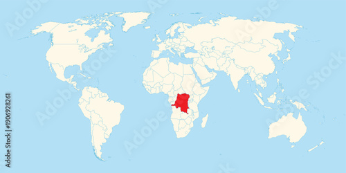 Simple world map showing geographical location of Democratic Republic of Congo highlighted red on African continent