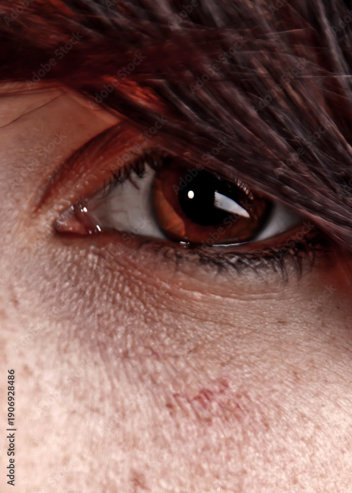 Obraz premium Close-up of a person's eye, showing the iris, eyelashes, and surrounding skin.