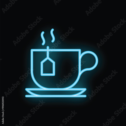 Neon sign of a steaming cup of tea on a saucer, perfect for tea shops, cafes, and restaurants