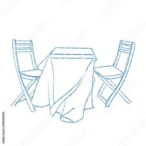 A whimsical hand-drawn illustration of a dining set. A square table with a tablecloth and two chairs. An outdoor table with folding chairs. Vector outline illustration in blue.