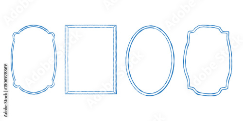 A set of hand-drawn whimsical vector frames. A collection of linear blue vintage frames. Rectangular and oval frames. Monochrome vector illustration