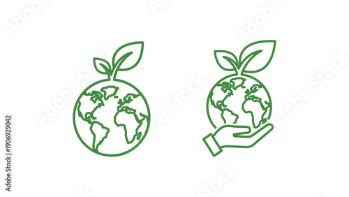Earth icon with green leaves and hand holding globe illustration