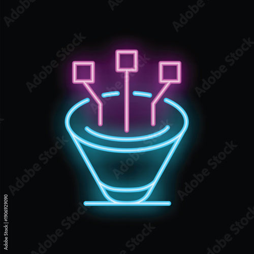 Glowing neon illustration of a funnel processing data, representing information flow and transformation
