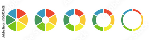 Donut charts, pies segmented on 6 equal parts. Wheels divided in six sections. Diagrams infographic multicoloured. Set of pie, pizza chart round icons layout. Circle section graph. Loading bar mockup.