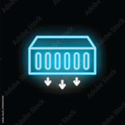 Blue neon icon of a server rack downloading data, on black background