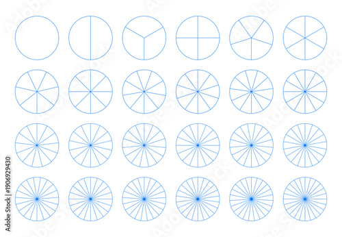 Segmented charts. Diagram wheel parts from 1 to 24. Pie chart templates set. Many number of sectors divide the circle on equal parts. Outline simple blue graphics. Pizza charts. Segments infographic.