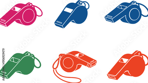 Whistle vector icons in different colors for sports and referee use