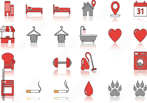 Modern lifestyle and real estate icon set illustration with home, furniture, location, calendar, health and household symbols, minimal flat vector design